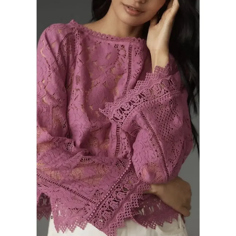 Anthropologie Long Sleeve Lace Patches Blouse XS Lavender‎ Pink